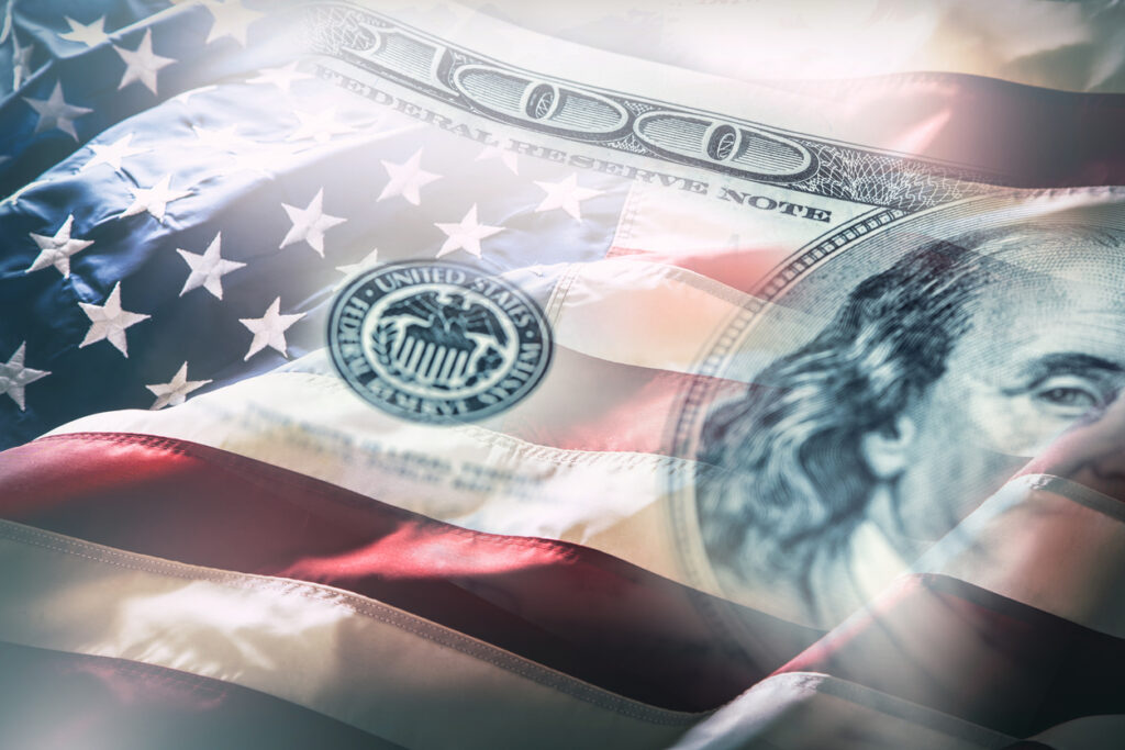 United States flag overlaid with U.S. dollar currency symbolizing bond financing expansion